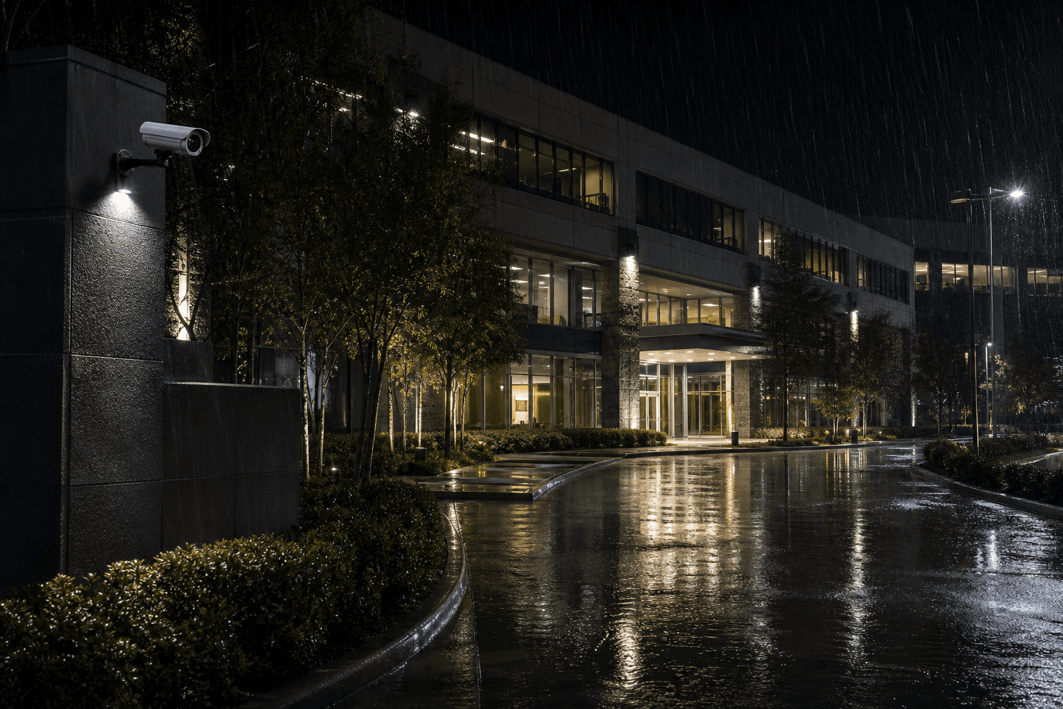 Commercial property illuminated by security lighting during heavy rain at night