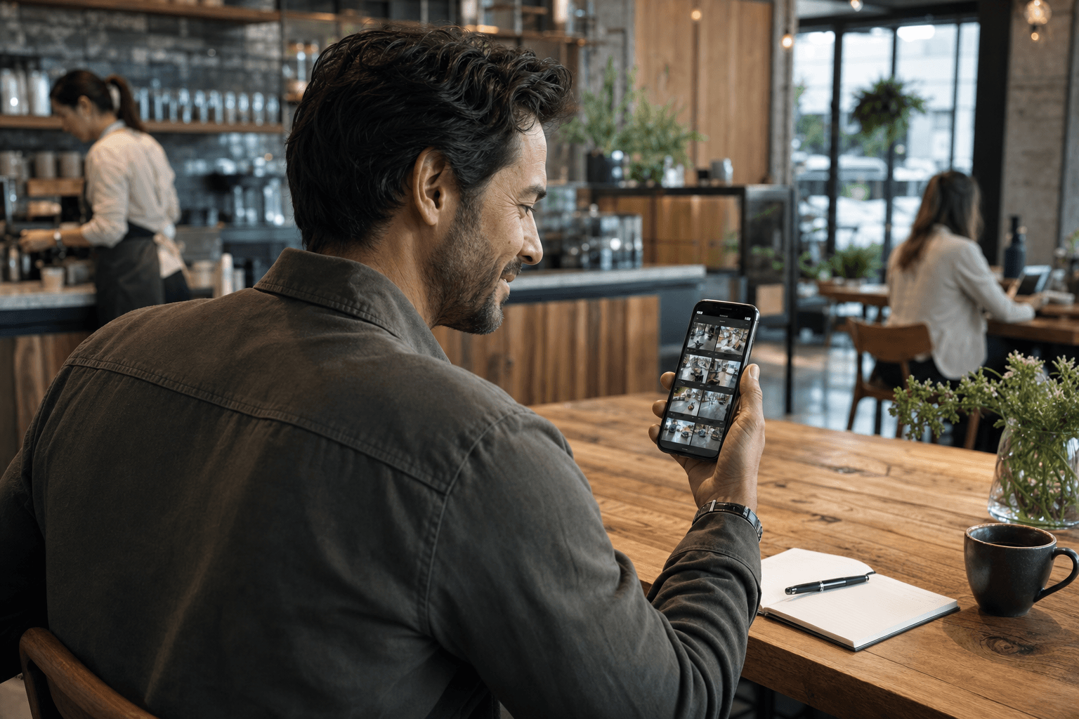 A business owner checking live security cameras from a coffee shop
