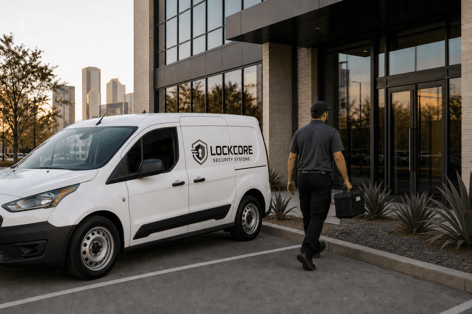 A LockCore service van outside a modern commercial office after an installation