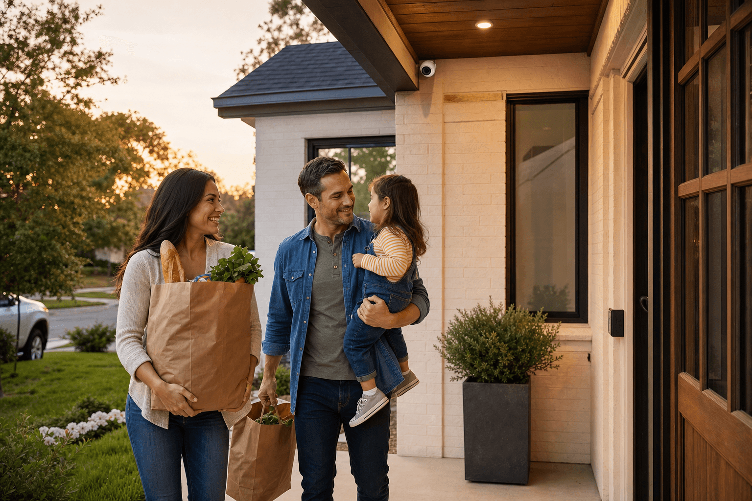 A family arriving home while discreet cameras watch over the front porch