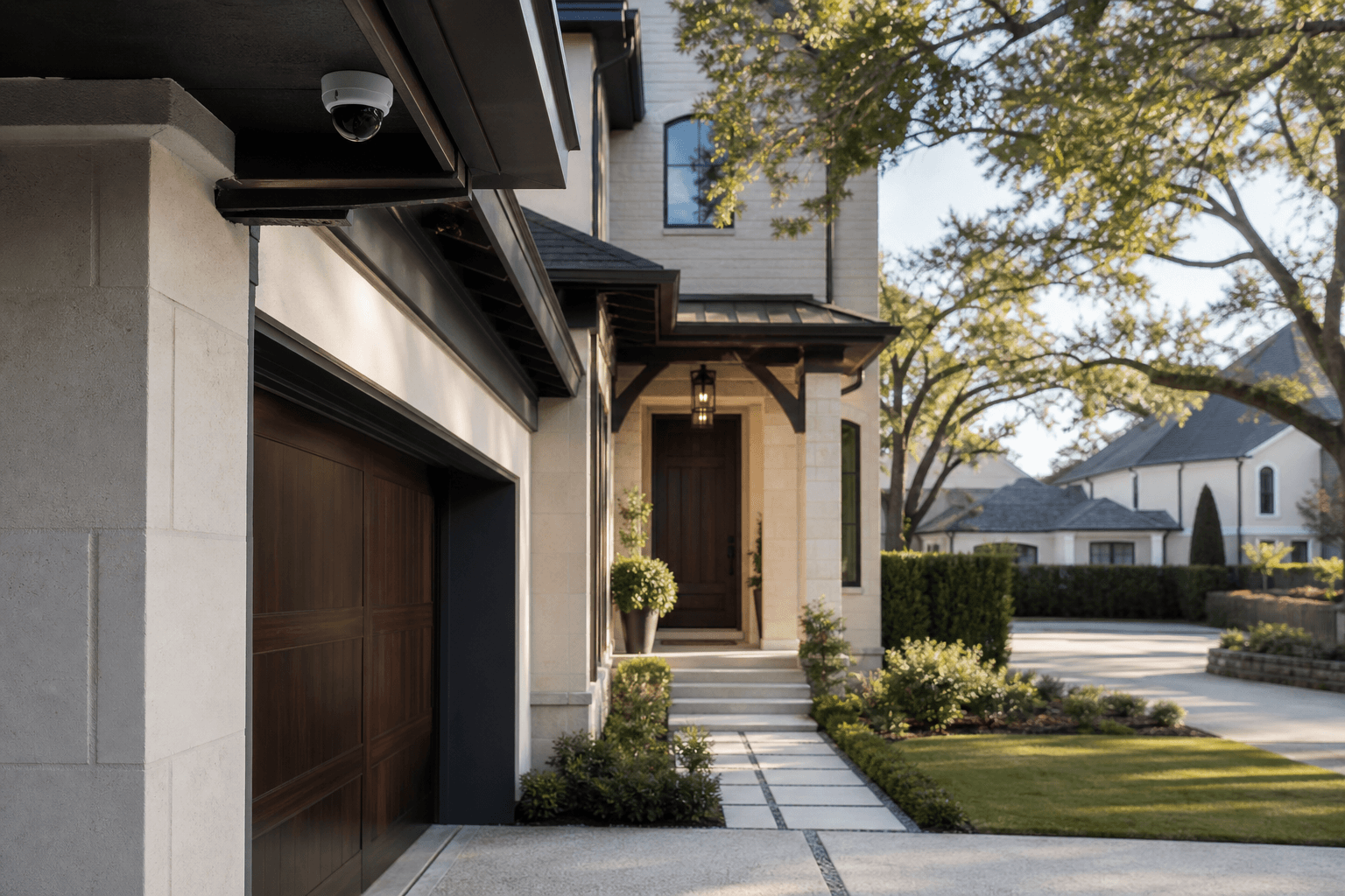 A discreet security camera overlooking a home's entry, driveway, walkway, and outdoor areas